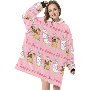 Be Happy Pug Love Blanket Hoodie for Women-Apparel-Apparel, Blankets-2