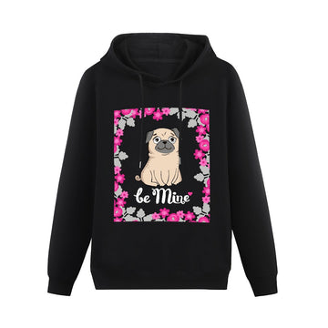 Be Mine with Flower Border Women's Cotton Fleece Pug Hoodie Sweatshirt-Apparel-Apparel, Hoodie, Pug, Sweatshirt-Black-XS-1