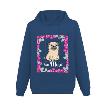 Be Mine with Flower Border Women's Cotton Fleece Pug Hoodie Sweatshirt-Apparel-Apparel, Hoodie, Pug, Sweatshirt-Navy Blue-XS-4