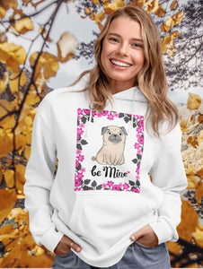 Be Mine with Flower Border Women's Cotton Fleece Pug Hoodie Sweatshirt - 4 Colors-Apparel-Apparel, Hoodie, Pug, Sweatshirt-White-XS-1