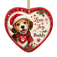 Load image into Gallery viewer, Beagle Christmas Ornament - Love &amp; Joy Heart Shaped Portrait - Personalized with Name-Christmas Ornament-Beagle,Christmas,Personalize Artwork-3