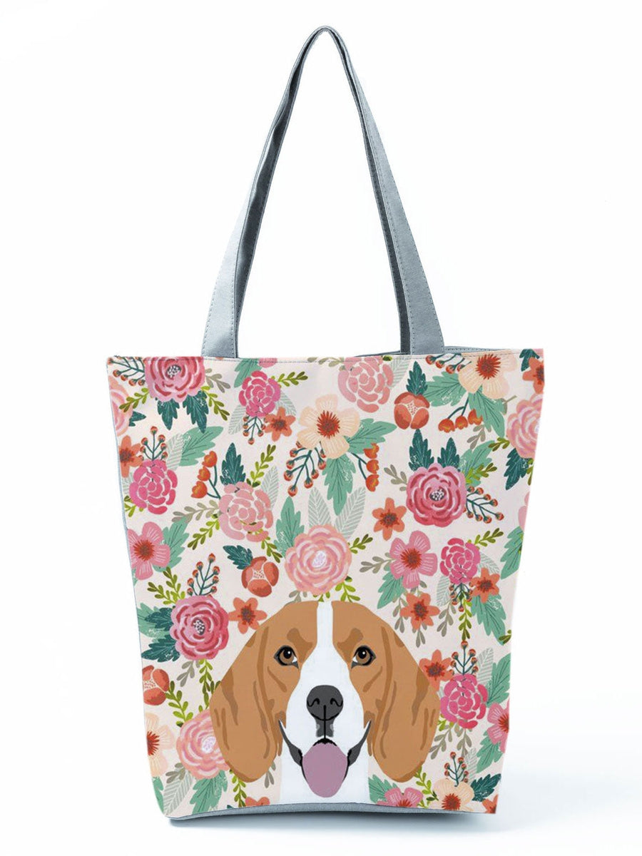 Image of a Beagle tote bag in a most adorable Beagle in bloom design