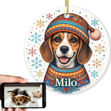 Load image into Gallery viewer, Beagle Ornament - Christmas Folk Art Design - Personalize with Photo and Name