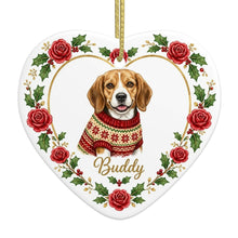 Load image into Gallery viewer, Beagle Ornament - Personalized Heart Shaped Christmas Rose Border - with Name-Christmas Ornament-Beagle,Christmas,Personalize Artwork-4