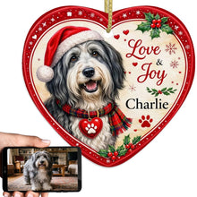 Load image into Gallery viewer, Bearded Collie Christmas Ornament - Love &amp; Joy Heart Shaped Portrait - Personalize with Photo and Name-Christmas Ornament-Bearded Collie,Christmas,Christmas Ornament,Personalize Artwork-1