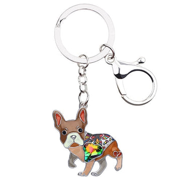 Image of a brown color french bulldog keychain made of enamel