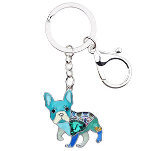 Image of a blue color french bulldog keychain made of enamel