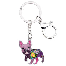 Load image into Gallery viewer, Image of a purple color french bulldog keychain made of enamel