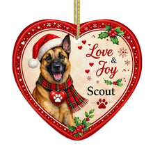 Load image into Gallery viewer, Belgian Malinois Christmas Ornament - Love &amp; Joy Heart Shaped Portrait - Personalize with Photo and Name-Christmas Ornament-Belgian Malinois,Christmas,Christmas Ornament,Personalize Artwork-4