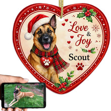 Load image into Gallery viewer, Belgian Malinois Christmas Ornament - Love &amp; Joy Heart Shaped Portrait - Personalize with Photo and Name-Christmas Ornament-Belgian Malinois,Christmas,Christmas Ornament,Personalize Artwork-1