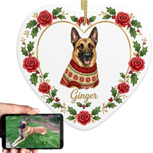 Load image into Gallery viewer, Belgian Malinois Ornament - Personalized Heart Shaped Christmas Rose Border - with Name-Christmas Ornament-Belgian Malinois,Christmas,Christmas Ornament,Personalize Artwork-1