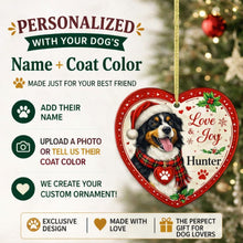 Load image into Gallery viewer, Bernese Mountain Dog Christmas Ornament - Love &amp; Joy Heart Shaped Portrait - Personalized with Name-Christmas Ornament-Bernese Mountain Dog,Christmas,Personalize Artwork-2