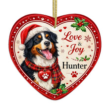 Load image into Gallery viewer, Bernese Mountain Dog Christmas Ornament - Love &amp; Joy Heart Shaped Portrait - Personalized with Name-Christmas Ornament-Bernese Mountain Dog,Christmas,Personalize Artwork-4