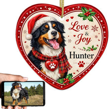 Load image into Gallery viewer, Bernese Mountain Dog Christmas Ornament - Love &amp; Joy Heart Shaped Portrait - Personalized with Name-Christmas Ornament-Bernese Mountain Dog,Christmas,Personalize Artwork-1