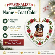 Load image into Gallery viewer, Bernese Mountain Dog Ornament - Personalized Heart Shaped Christmas Rose Border - with Name-Christmas Ornament-Bernese Mountain Dog,Christmas,Personalize Artwork-2
