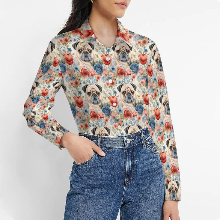 Watercolor Flower Garden Senior Pug Love Women's Shirt - 2 Designs-Apparel-Apparel, Pug, Shirt-Zoom In - Bigger Flowers-S-1
