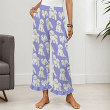 Load image into Gallery viewer, Bichon Frise Pajama Pants for Women - Ruffle Hem Design - Watercolor Delight Bichon Frise-Pajamas-Apparel,Bichon Frise,Dog Mom Gifts,Pajamas-2