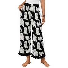 Load image into Gallery viewer, Bichon Frise Pajama Pants for Women - Ruffle Hem Design - Watercolor Delight Bichon Frise-Pajamas-Apparel,Bichon Frise,Dog Mom Gifts,Pajamas-Black-S-18