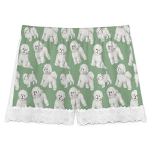 Load image into Gallery viewer, Bichon Frise Shorts for Women - Lace Trim Design - Watercolor Delight Bichon Frise-Pajamas-Apparel,Bichon Frise,Dog Mom Gifts,Pajamas-11