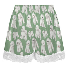 Load image into Gallery viewer, Bichon Frise Shorts for Women - Lace Trim Design - Watercolor Delight Bichon Frise-Pajamas-Apparel,Bichon Frise,Dog Mom Gifts,Pajamas-13