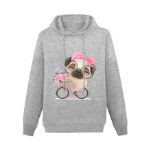 Load image into Gallery viewer, Bicycle Girl Pug Love Women&#39;s Cotton Fleece Hoodie Sweatshirt-Apparel-Apparel, Hoodie, Pug, Sweatshirt-Gray-XS-3