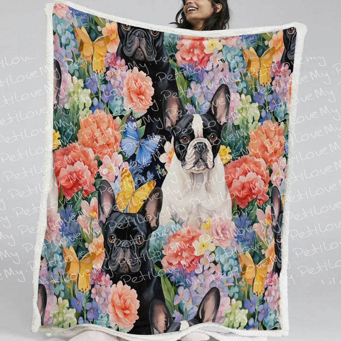 Black and Pied Frenchies in Bloom Soft Warm Fleece Blanket-Blanket-Blankets, French Bulldog, Home Decor-Small-1
