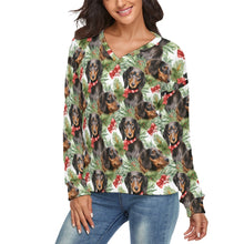 Load image into Gallery viewer, Black and Tan Dachshund Jolly Women's V-Neck Christmas Sweater-Apparel-Apparel,Christmas,Dachshund,Dog Mom Gifts,Sweater,Sweatshirt-2