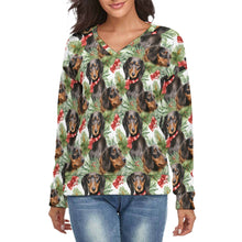 Load image into Gallery viewer, Black and Tan Dachshund Jolly Women's V-Neck Christmas Sweater-Apparel-Apparel,Christmas,Dachshund,Dog Mom Gifts,Sweater,Sweatshirt-S-White5-1