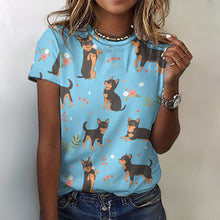Load image into Gallery viewer, Black and Tan Flower Garden Chihuahua Women&#39;s All Over Print T Shirts - 5 Colors-Apparel-Apparel, Chihuahua, Shirt, T Shirt-Light Blue-2XS-3