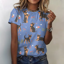 Load image into Gallery viewer, Black and Tan Flower Garden Chihuahua Women&#39;s All Over Print T Shirts - 5 Colors-Apparel-Apparel, Chihuahua, Shirt, T Shirt-Cornflower Blue-2XS-1