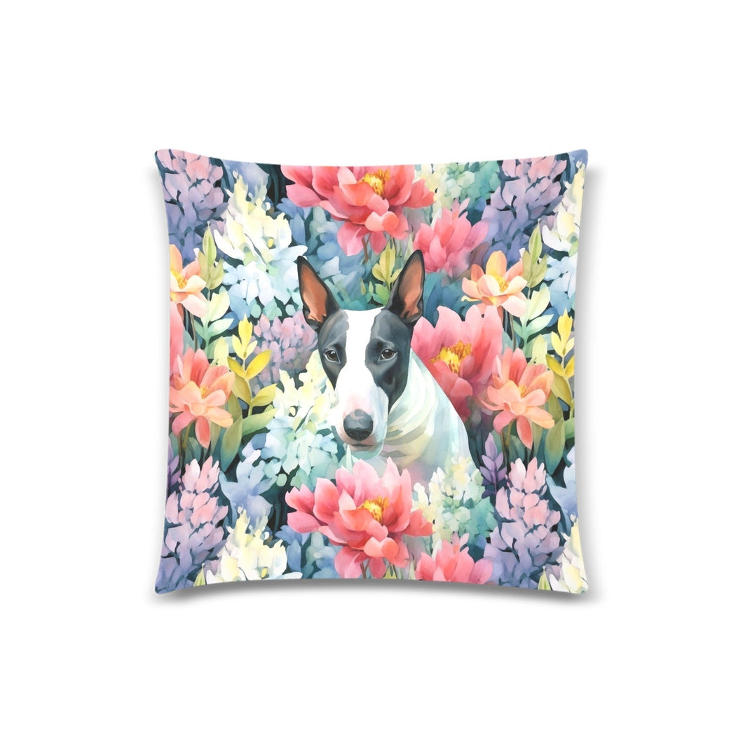 Black and White Bull Terrier in Bloom Throw Pillow Cover-Cushion Cover-Bull Terrier, Home Decor, Pillows-White1-ONESIZE-1