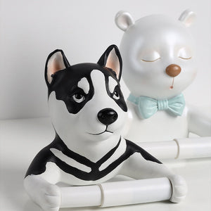 Image of a super cute black and white husky toilet roll holder