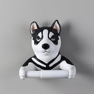 Image of a super cute black and white siberian husky toilet paper holder