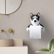 Load image into Gallery viewer, Image of a black and white husky toilet roll holder
