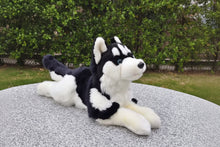 Load image into Gallery viewer, A plush husky dog toy lying on a gray stone surface outdoors, with green bushes in the background.