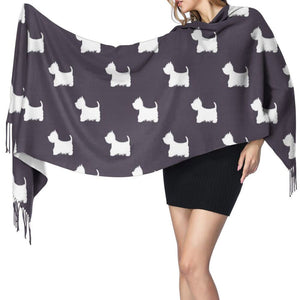 Image of a girl weariing a beautiful West Highland Terrier shawl