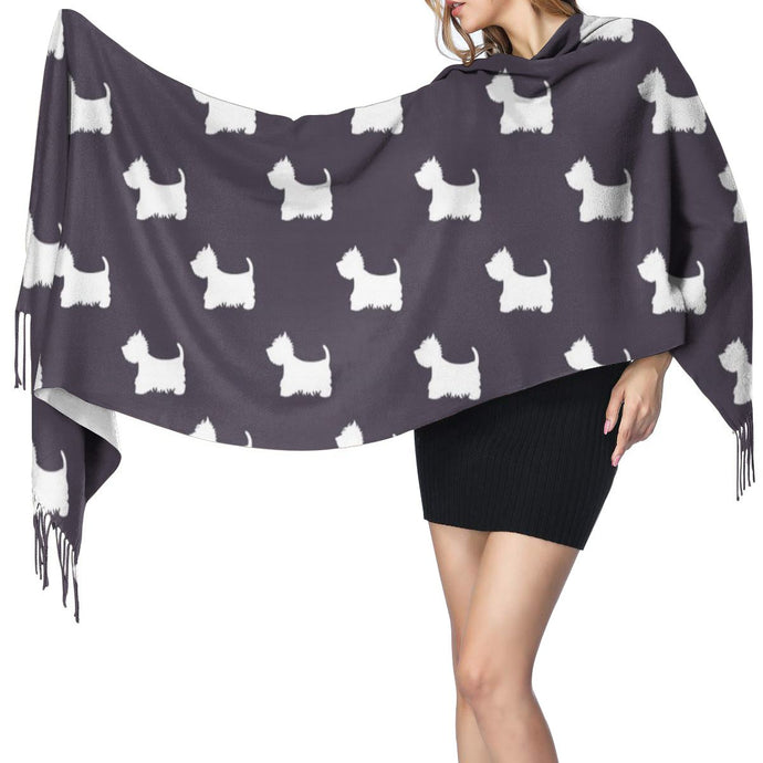 Image of a girl weariing West Highland Terrier shawl in infinite West Highland Terriers design