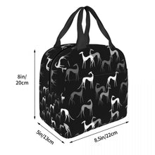 Load image into Gallery viewer, Size image of Whippet or Greyhound lunch bag with exterior pocket