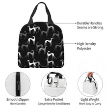 Load image into Gallery viewer, Info image of Whippet or Greyhound lunch bag with exterior pocket