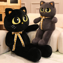 Load image into Gallery viewer, Black Bombay Cat Plushie - Sitting Kawaii Big Eyes with Checkered Bow-4