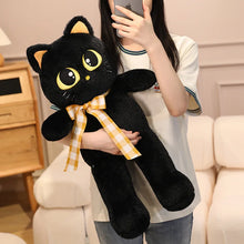 Load image into Gallery viewer, Black Bombay Cat Plushie - Sitting Kawaii Big Eyes with Checkered Bow-4