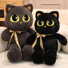 Load image into Gallery viewer, Black Bombay Cat Plushie - Sitting Kawaii Big Eyes with Checkered Bow-6