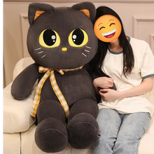Load image into Gallery viewer, Black Bombay Cat Plushie Sitting Kawaii Big Eyes With Checkered Bow-Stuffed Animals-Cat Memorial Gifts,Stuffed Animal-10