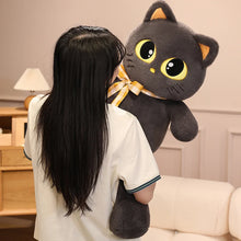 Load image into Gallery viewer, Black Bombay Cat Plushie - Sitting Kawaii Big Eyes with Checkered Bow-8