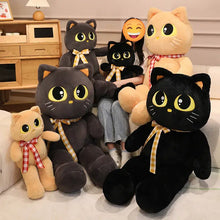 Load image into Gallery viewer, Black Bombay Cat Plushie - Sitting Kawaii Big Eyes with Checkered Bow-Stuffed Animals-Black Cat,Cat Memorial Gifts,Stuffed Animal-9
