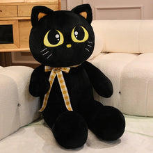 Load image into Gallery viewer, Black Bombay Cat Plushie - Sitting Kawaii Big Eyes with Checkered Bow-black cat-60cm-1