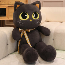 Load image into Gallery viewer, Black Bombay Cat Plushie - Sitting Kawaii Big Eyes with Checkered Bow-grey cat-100cm-1