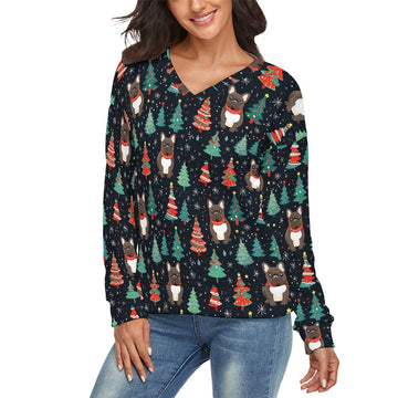 Black Brindle French Bulldog Festive Frolic Womens V Neck Christmas Sweater 4 360x
