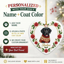 Load image into Gallery viewer, Black Labrador Ornament - Personalized Heart Shaped Christmas Rose Border - with Name-Christmas Ornament-Black Labrador,Christmas,Personalize Artwork-2