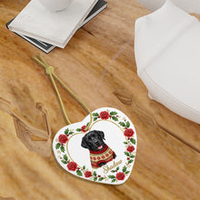 Load image into Gallery viewer, Black Labrador Ornament - Personalized Heart Shaped Christmas Rose Border - with Name-Christmas Ornament-Black Labrador,Christmas,Personalize Artwork-6